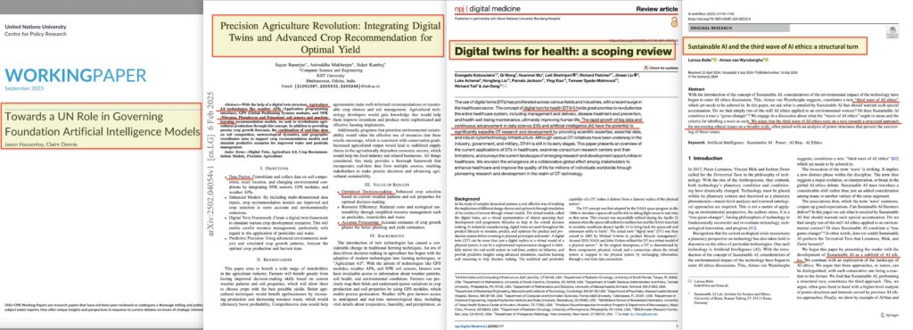 Collage van vier wetenschappelijke publicaties, waaronder papers over het besturen van AI-modellen door de VN, precisielandbouw met digitale tweelingen, digitale tweelingen in de gezondheidszorg, en duurzame AI-ethiek.