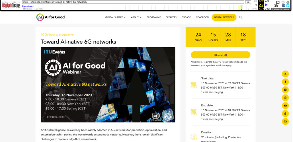 Aankondiging van een ITU 'AI for Good' webinar over de ontwikkeling van AI-native 6G-netwerken.