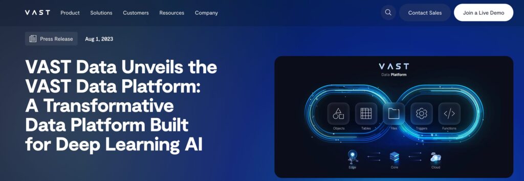 Screenshot van de VAST Data Platform-website, een dataplatform voor deep learning AI, wat de term VALIS (Vast Active Living Intelligence System) weerspiegelt.