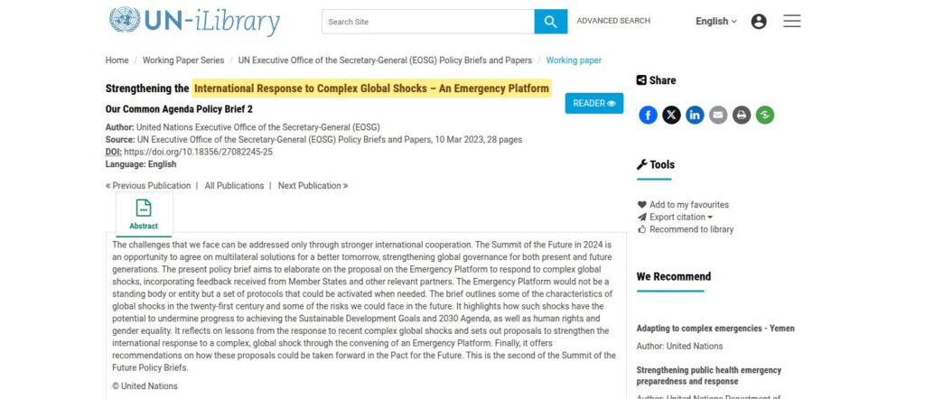 Screenshot van de UN iLibrary-pagina voor de beleidsnota over het UN Emergency Platform, getiteld 'Strengthening the International Response to Complex Global Shocks'.