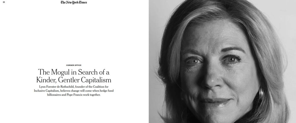 Screenshot van een New York Times artikel over Lynn Forester de Rothschild met de kop 'The Mogul in Search of a Kinder, Gentler Capitalism'.