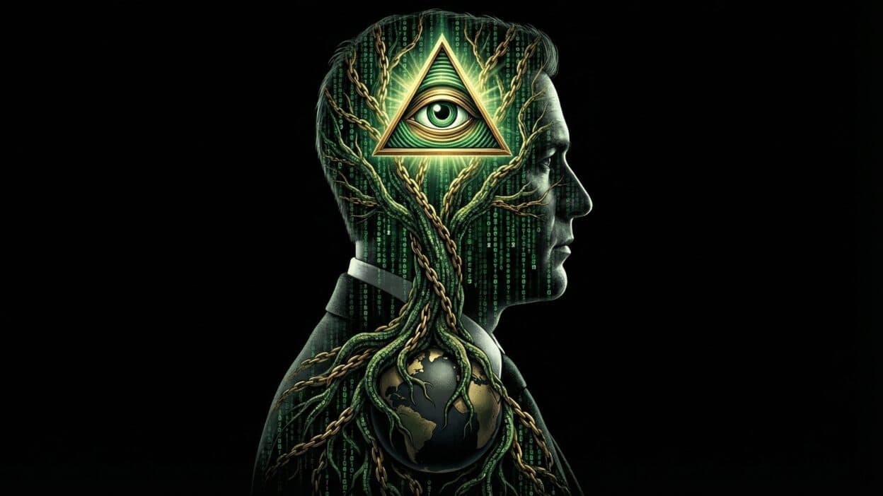 Conceptuele illustratie van FATF Nederland als een financieel panopticum: een donkere banktoren die als gevangenis fungeert en de wereld controleert met gouden kettingen.