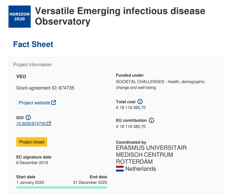 Screenshot van officieel CORDIS document toont €18 miljoen EU-subsidie voor het VEO-project gecoördineerd door Erasmus MC.